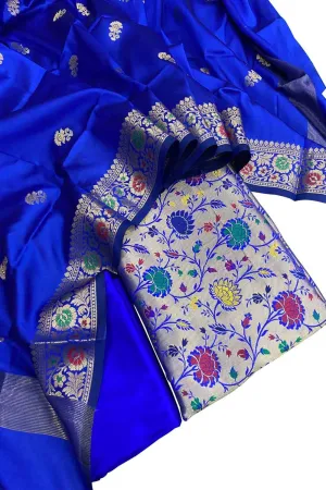 Blue Banarasi Paithani Silk Three Piece Unstitched Suit Set