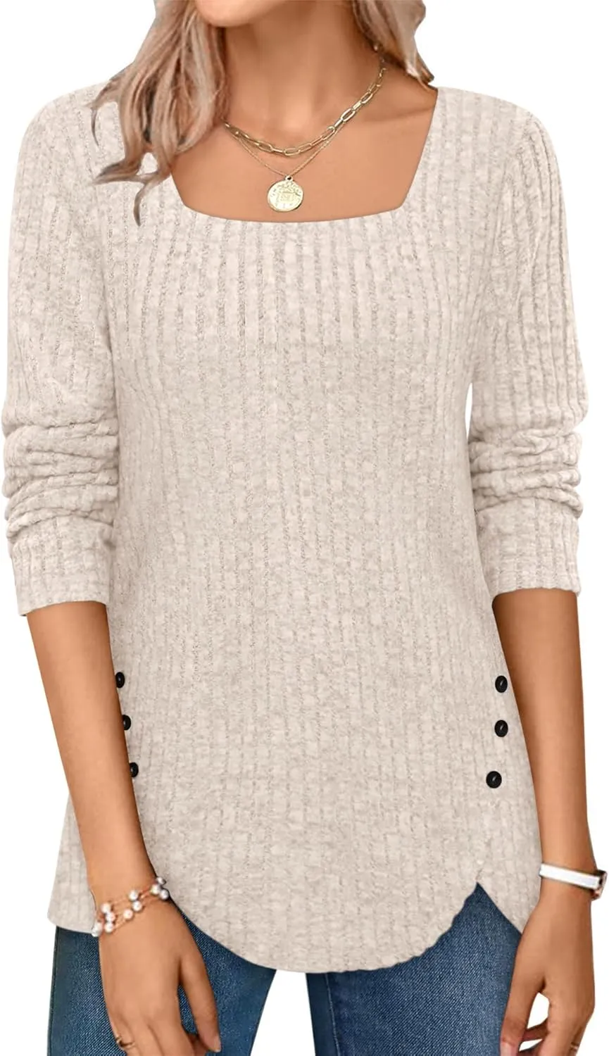 BZB Women's Sweaters Fall 2024 Lightweight Long Sleeve Square Neck Tunic Tops