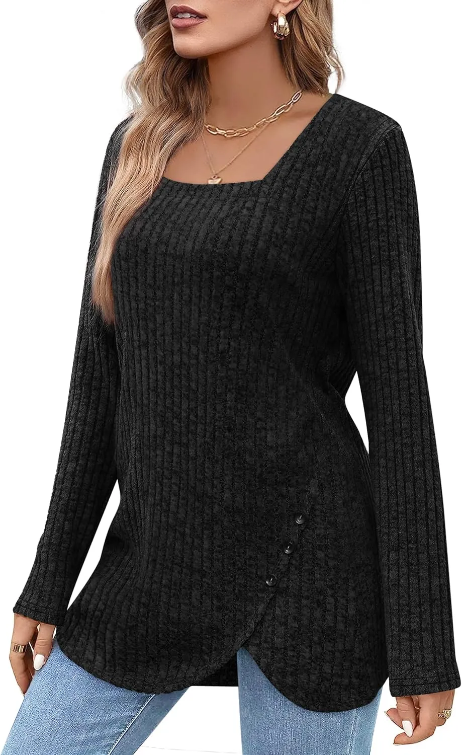 BZB Women's Sweaters Fall 2024 Lightweight Long Sleeve Square Neck Tunic Tops