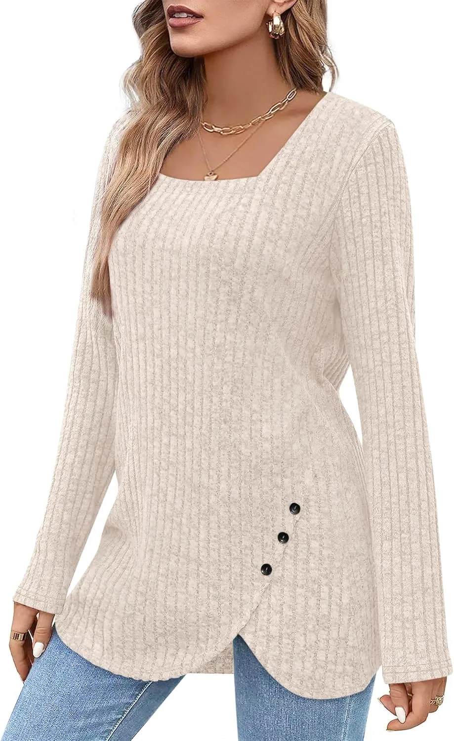 BZB Women's Sweaters Fall 2024 Lightweight Long Sleeve Square Neck Tunic Tops