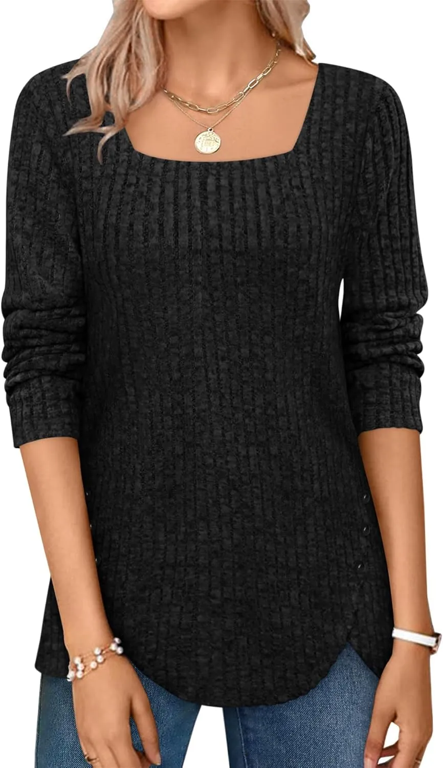 BZB Women's Sweaters Fall 2024 Lightweight Long Sleeve Square Neck Tunic Tops