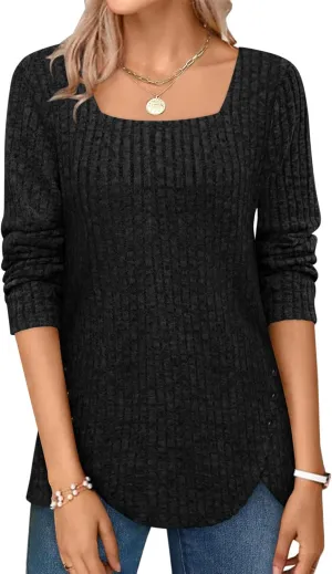 BZB Women's Sweaters Fall 2024 Lightweight Long Sleeve Square Neck Tunic Tops