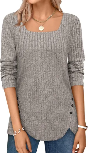 BZB Women's Sweaters Fall 2024 Lightweight Long Sleeve Square Neck Tunic Tops