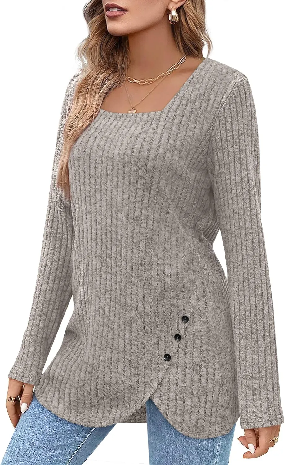 BZB Women's Sweaters Fall 2024 Lightweight Long Sleeve Square Neck Tunic Tops
