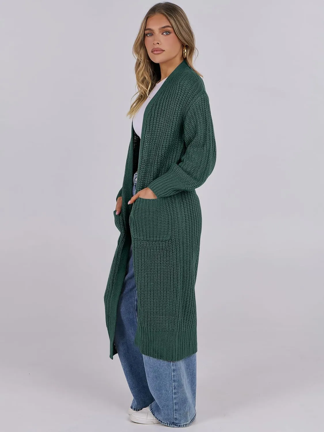 Caracilia Women Cardigan Sweaters Long Sleeve Open Front Knit Long Coat Duster Cozy 2025 Fall Winter Outfits with Pockets