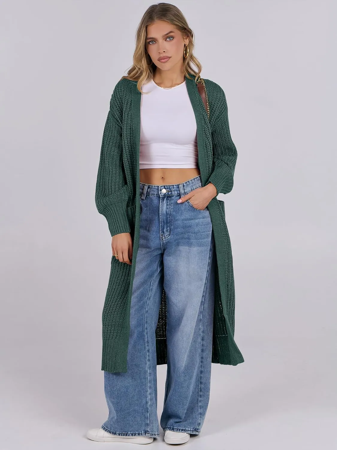 Caracilia Women Cardigan Sweaters Long Sleeve Open Front Knit Long Coat Duster Cozy 2025 Fall Winter Outfits with Pockets
