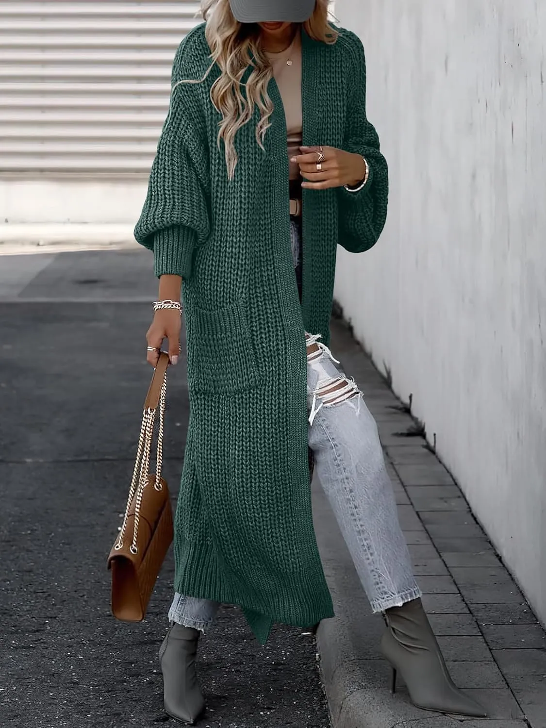 Caracilia Women Cardigan Sweaters Long Sleeve Open Front Knit Long Coat Duster Cozy 2025 Fall Winter Outfits with Pockets