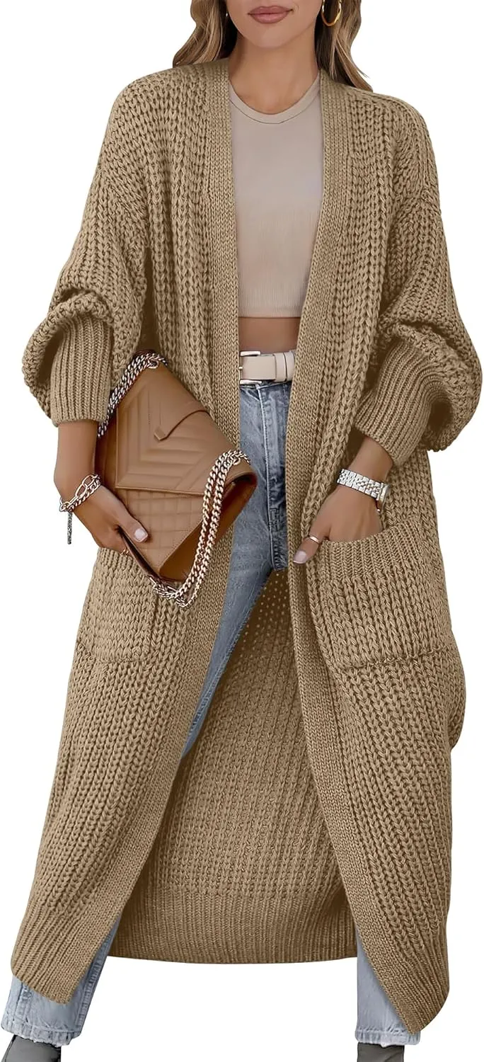 Caracilia Women Cardigan Sweaters Long Sleeve Open Front Knit Long Coat Duster Cozy 2025 Fall Winter Outfits with Pockets