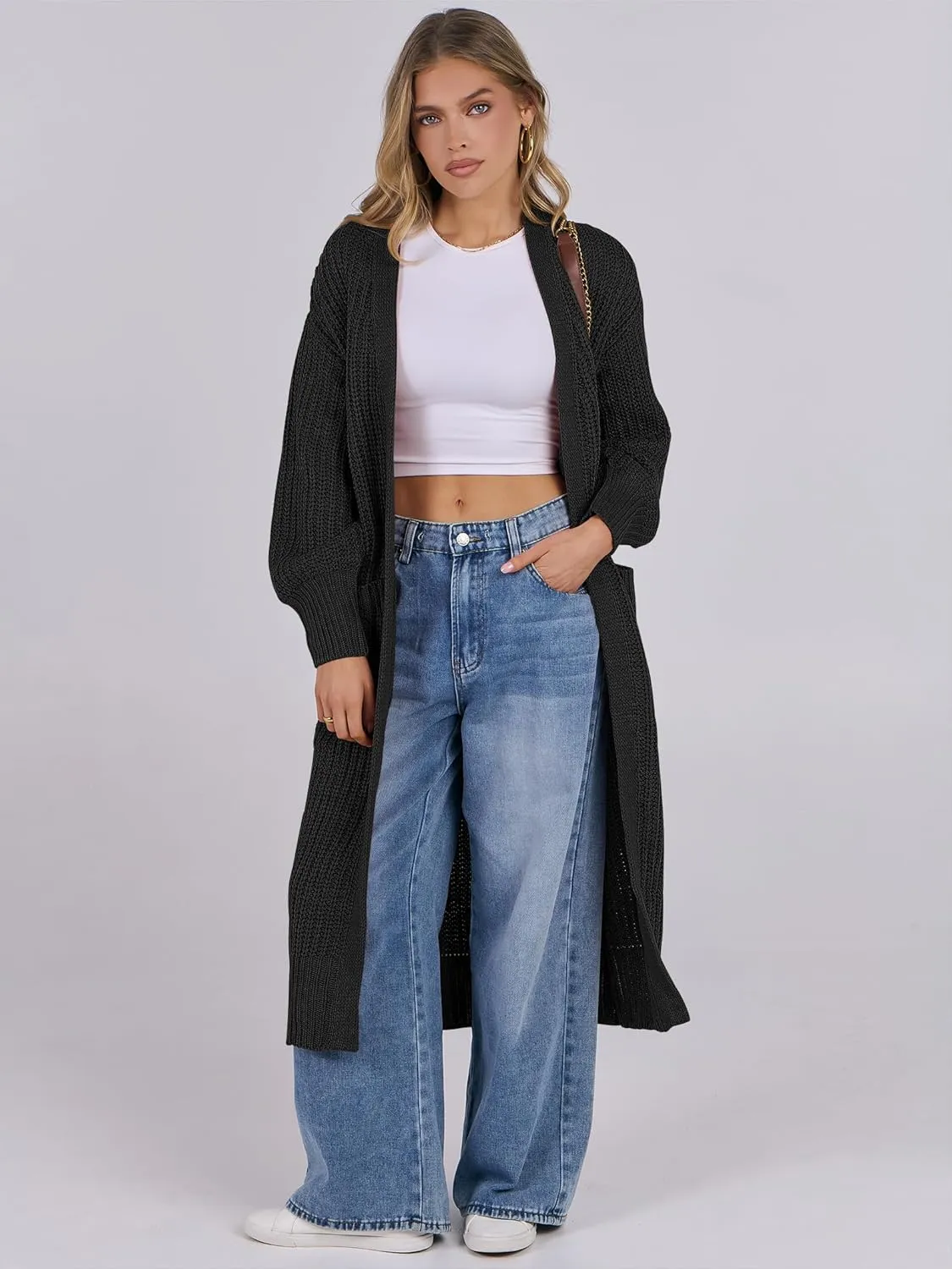 Caracilia Women Cardigan Sweaters Long Sleeve Open Front Knit Long Coat Duster Cozy 2025 Fall Winter Outfits with Pockets