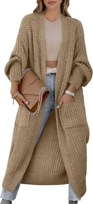 Caracilia Women Cardigan Sweaters Long Sleeve Open Front Knit Long Coat Duster Cozy 2025 Fall Winter Outfits with Pockets