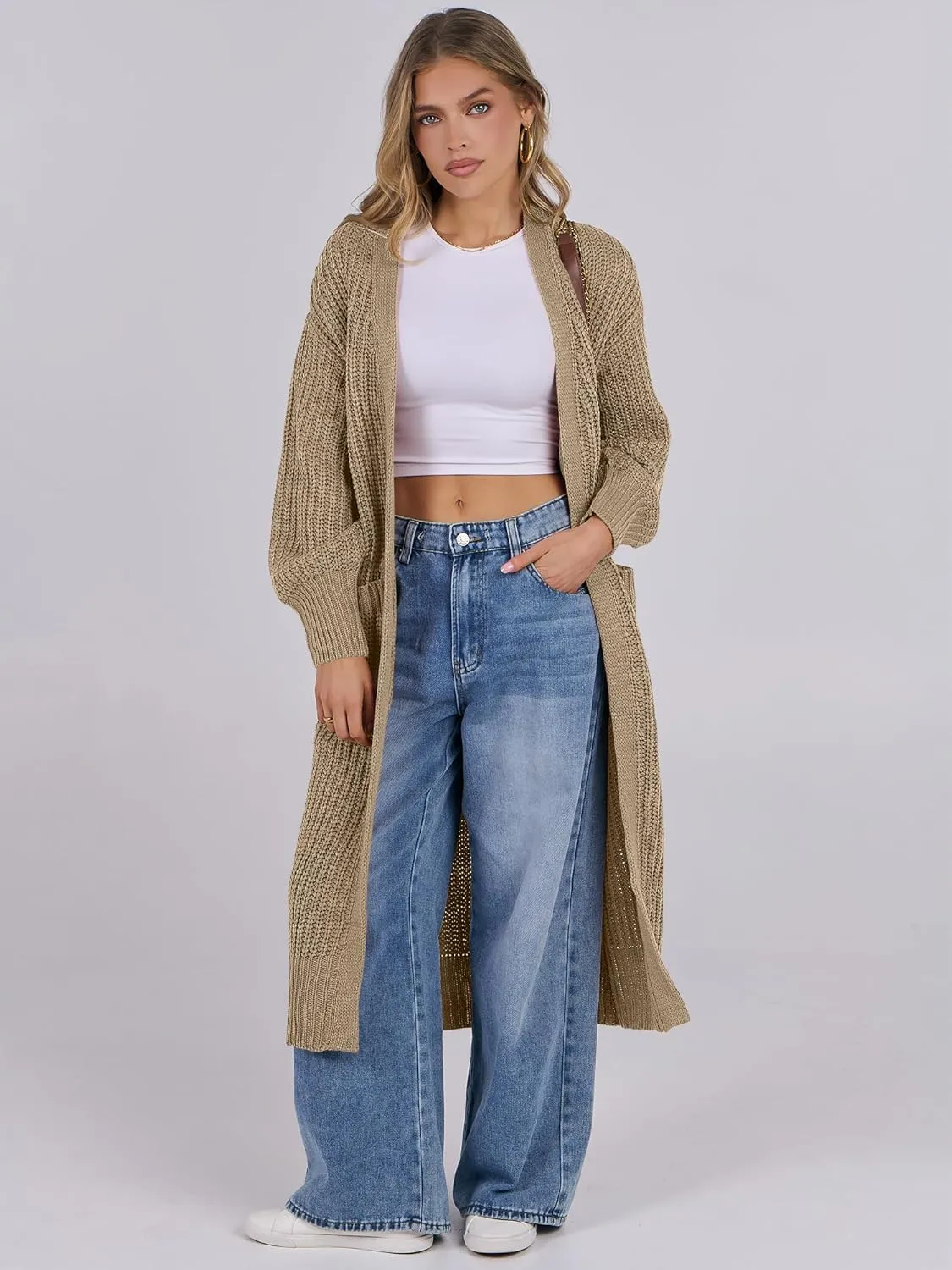 Caracilia Women Cardigan Sweaters Long Sleeve Open Front Knit Long Coat Duster Cozy 2025 Fall Winter Outfits with Pockets