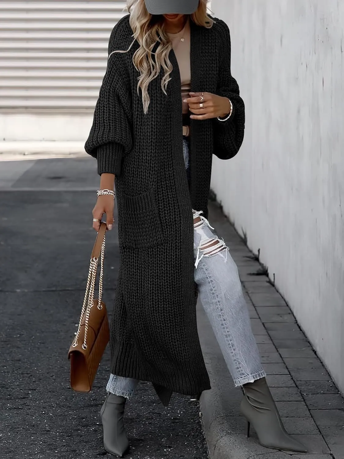 Caracilia Women Cardigan Sweaters Long Sleeve Open Front Knit Long Coat Duster Cozy 2025 Fall Winter Outfits with Pockets