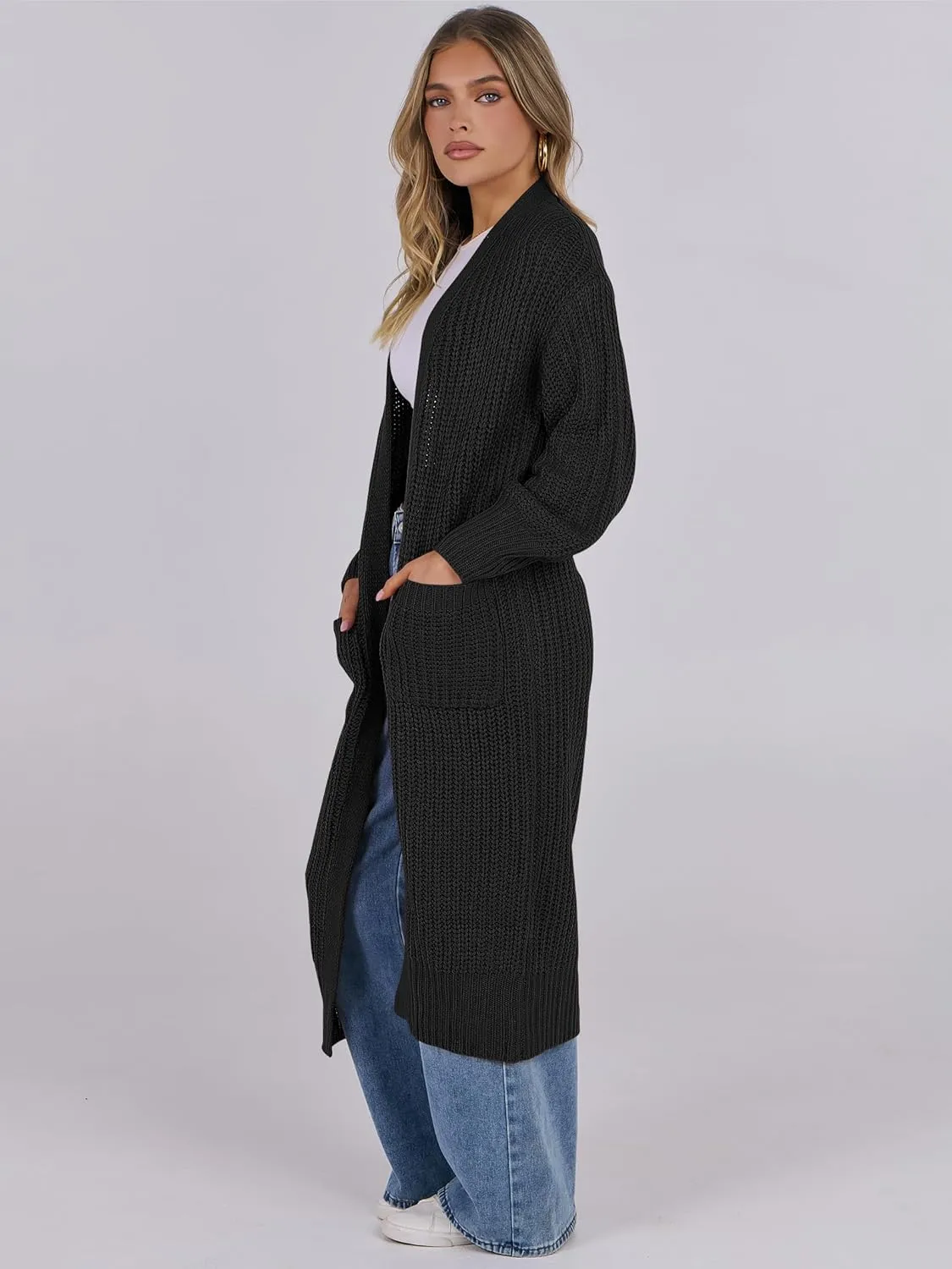 Caracilia Women Cardigan Sweaters Long Sleeve Open Front Knit Long Coat Duster Cozy 2025 Fall Winter Outfits with Pockets