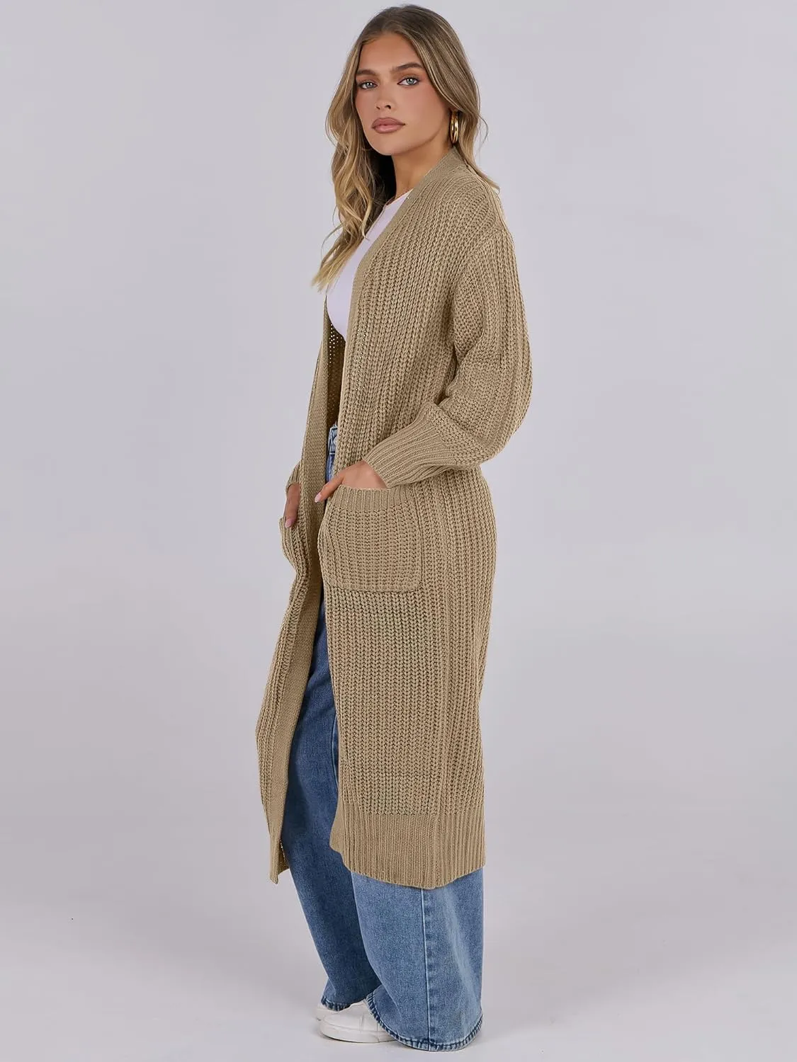 Caracilia Women Cardigan Sweaters Long Sleeve Open Front Knit Long Coat Duster Cozy 2025 Fall Winter Outfits with Pockets