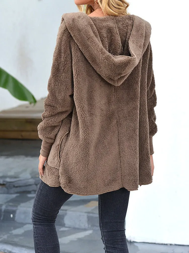 Coats Plush Lapel Hooded Medium Long Sleeve Coat for Women