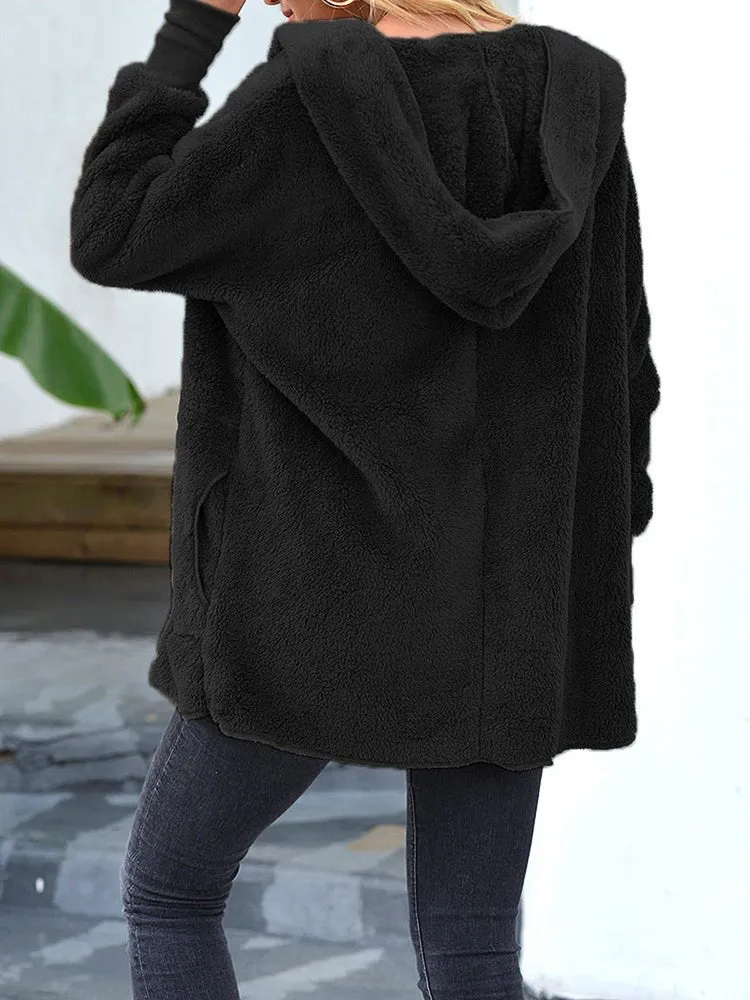 Coats Plush Lapel Hooded Medium Long Sleeve Coat for Women