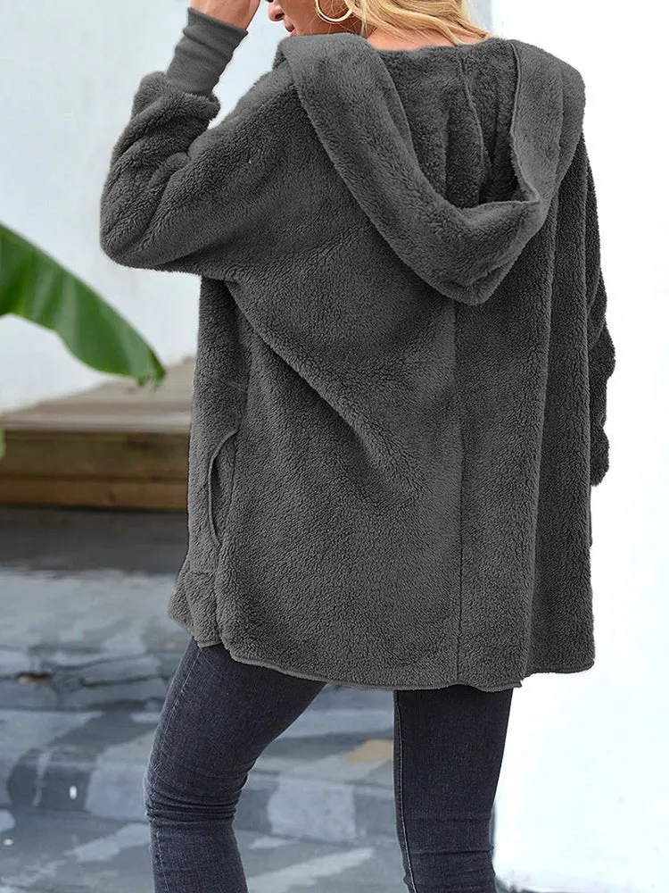 Coats Plush Lapel Hooded Medium Long Sleeve Coat for Women
