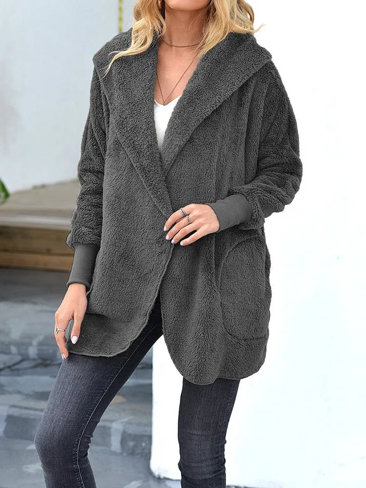 Coats Plush Lapel Hooded Medium Long Sleeve Coat for Women