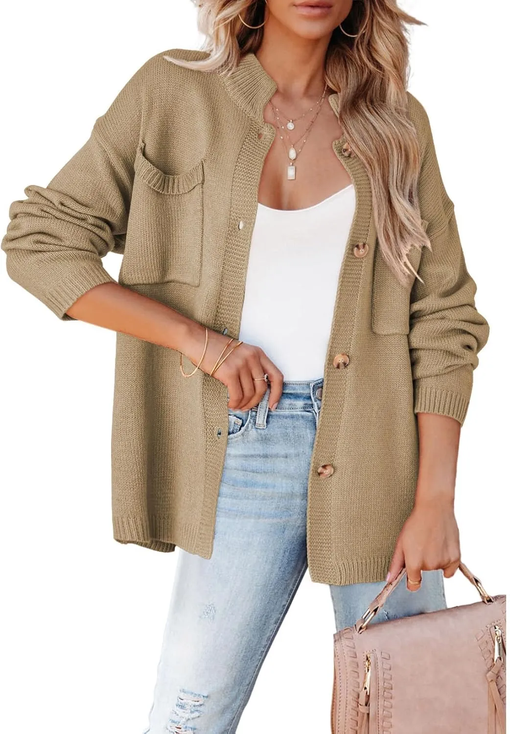 Dokotoo Cardigan Sweaters for Women Casual Open Front Long Sleeve Button Down Knit Outwear Stand Collar Fall Fashion 2024
