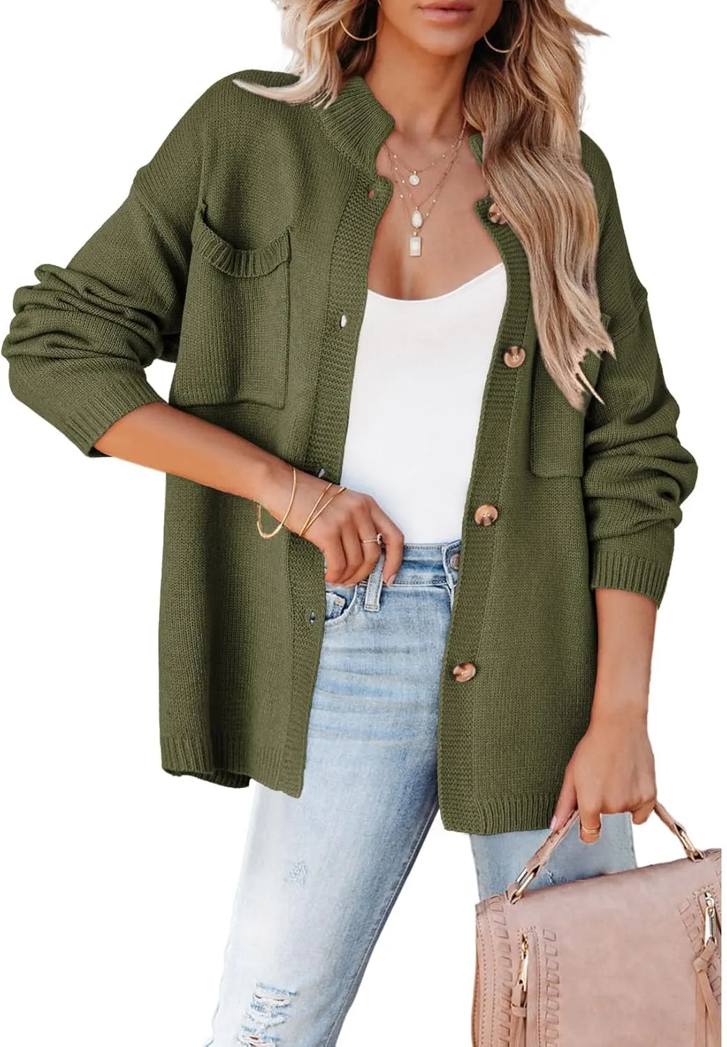 Dokotoo Cardigan Sweaters for Women Casual Open Front Long Sleeve Button Down Knit Outwear Stand Collar Fall Fashion 2024