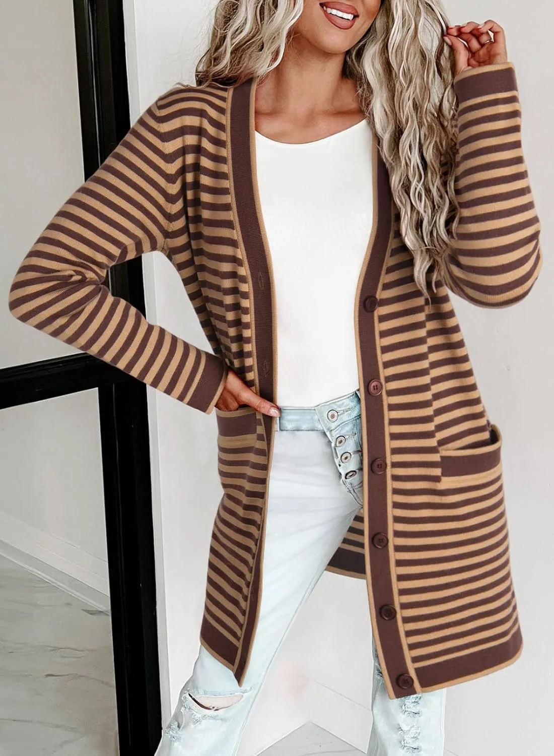 Dokotoo Cardigan Sweaters for Women Striped Fall Outfit Open Front Button Down Womens Cardigan with Pockets
