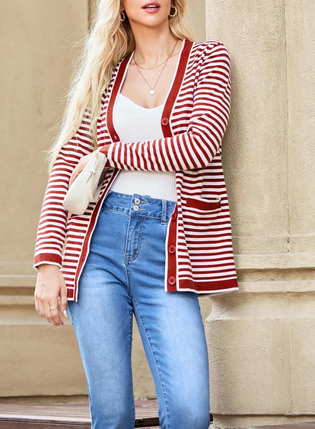 Dokotoo Cardigan Sweaters for Women Striped Fall Outfit Open Front Button Down Womens Cardigan with Pockets