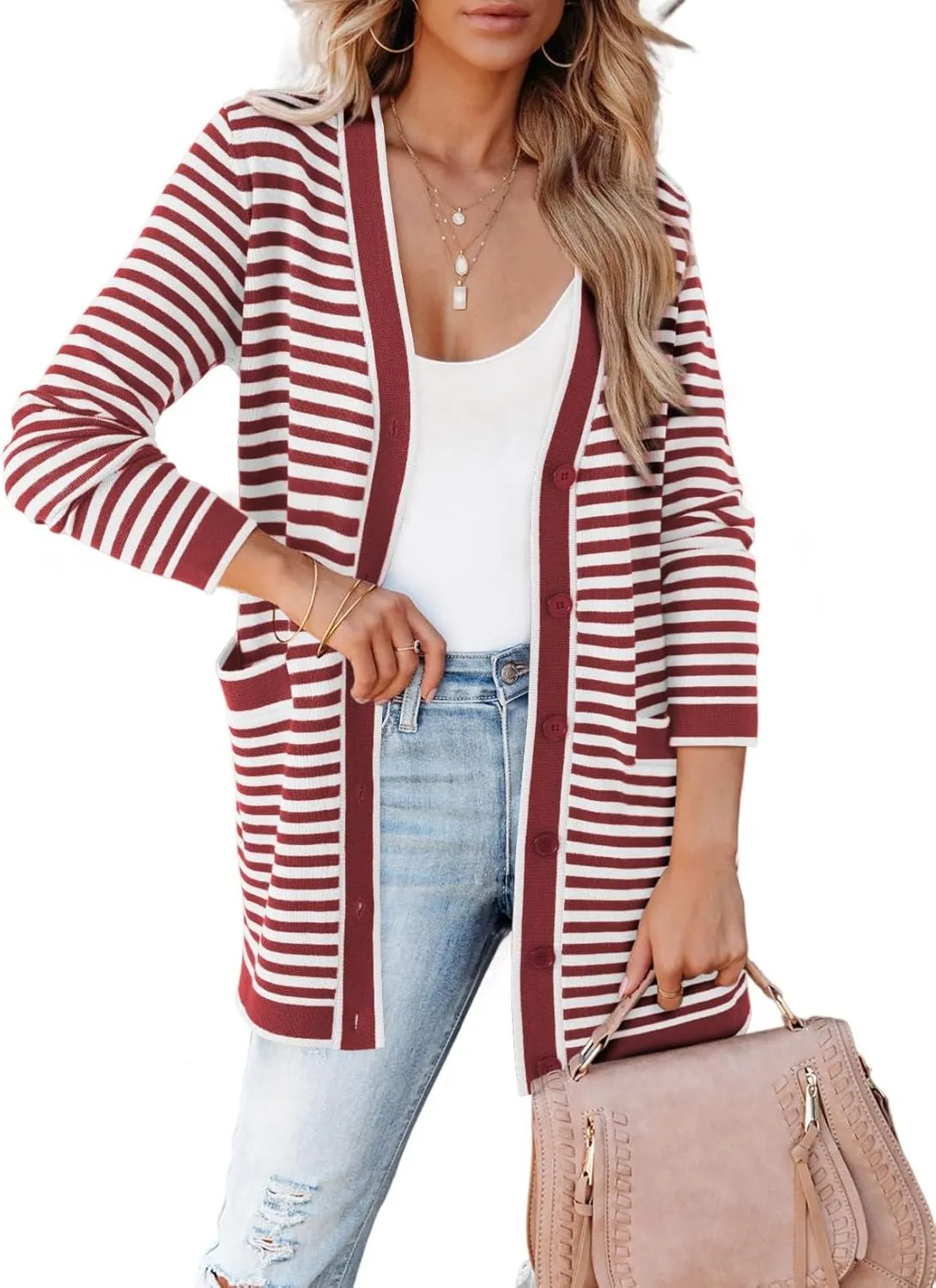 Dokotoo Cardigan Sweaters for Women Striped Fall Outfit Open Front Button Down Womens Cardigan with Pockets