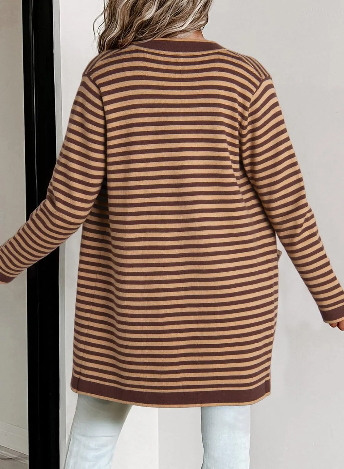 Dokotoo Cardigan Sweaters for Women Striped Fall Outfit Open Front Button Down Womens Cardigan with Pockets