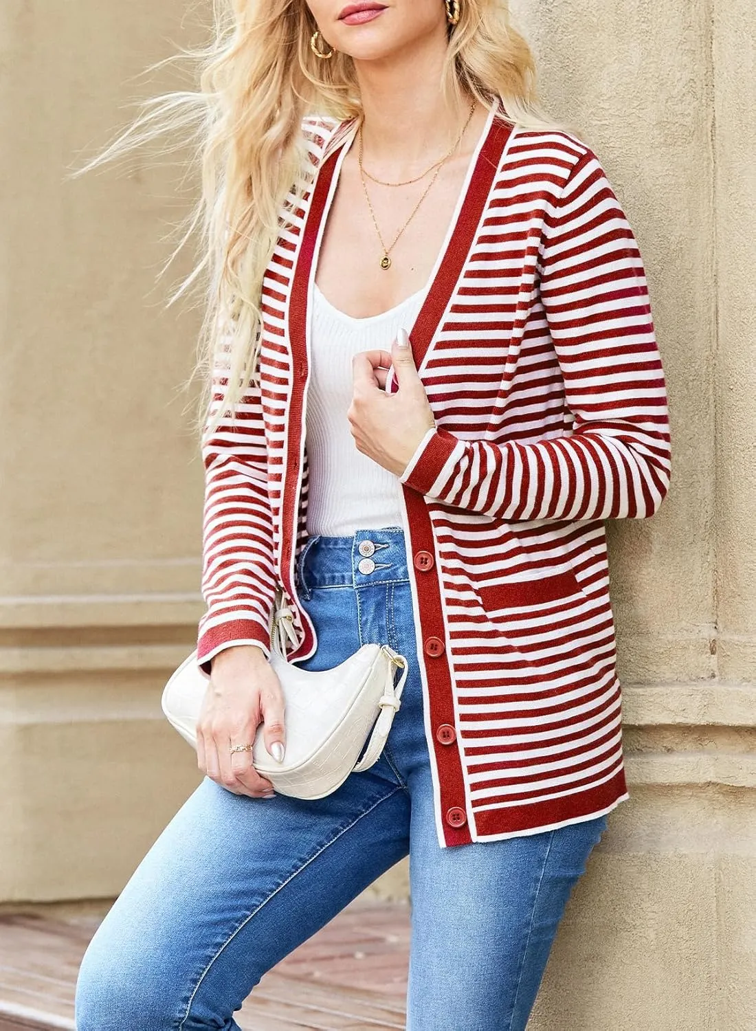 Dokotoo Cardigan Sweaters for Women Striped Fall Outfit Open Front Button Down Womens Cardigan with Pockets