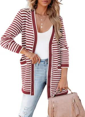 Dokotoo Cardigan Sweaters for Women Striped Fall Outfit Open Front Button Down Womens Cardigan with Pockets