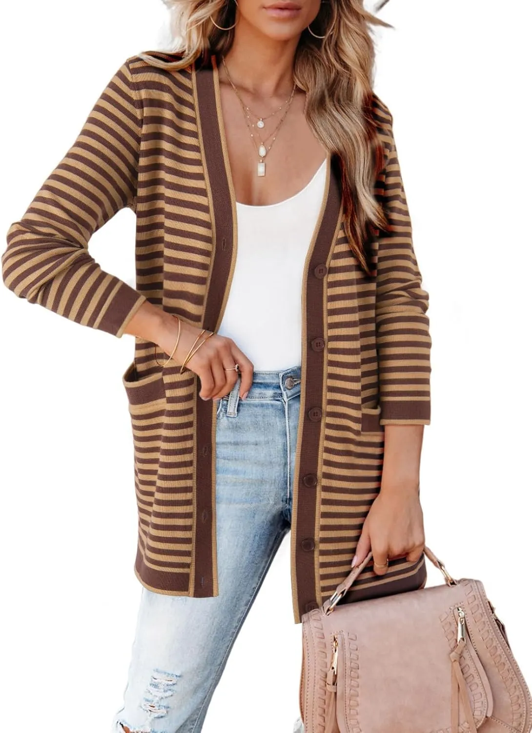 Dokotoo Cardigan Sweaters for Women Striped Fall Outfit Open Front Button Down Womens Cardigan with Pockets