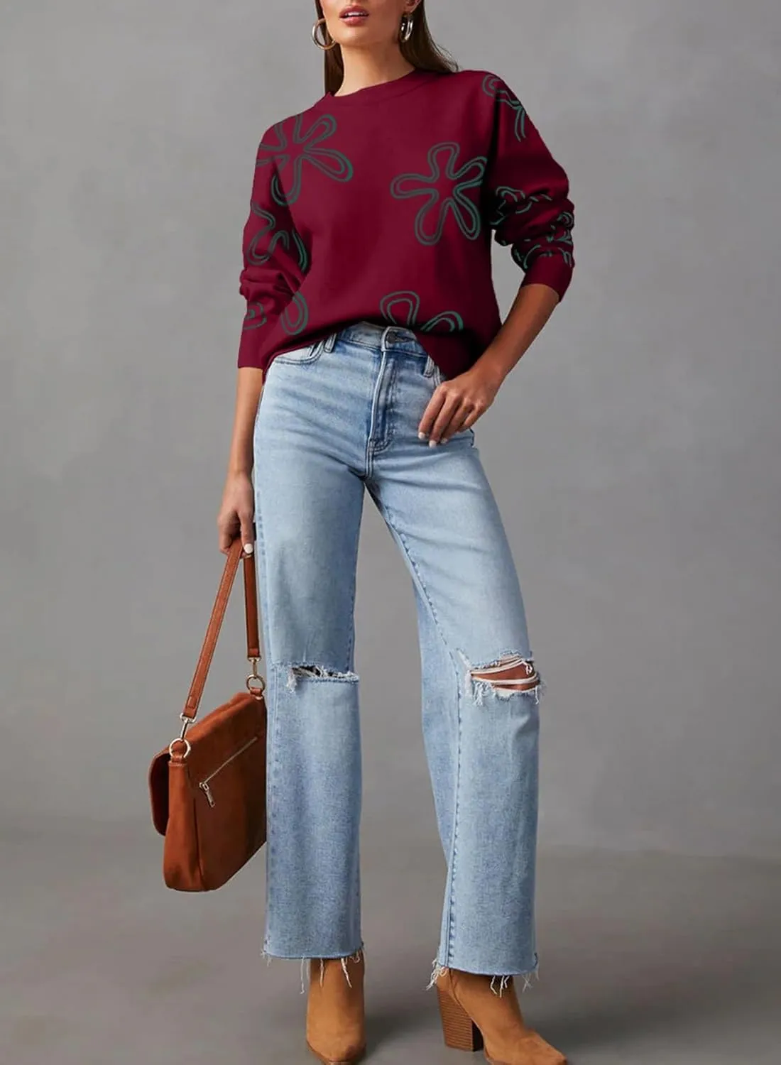 Dokotoo Sweaters for Women Casual Crewneck Long Sleeve Floral Print Cable Knit Pullover Sweater Tops