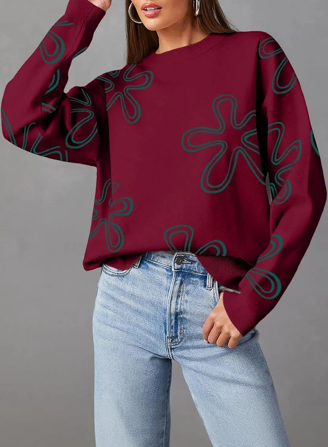 Dokotoo Sweaters for Women Casual Crewneck Long Sleeve Floral Print Cable Knit Pullover Sweater Tops