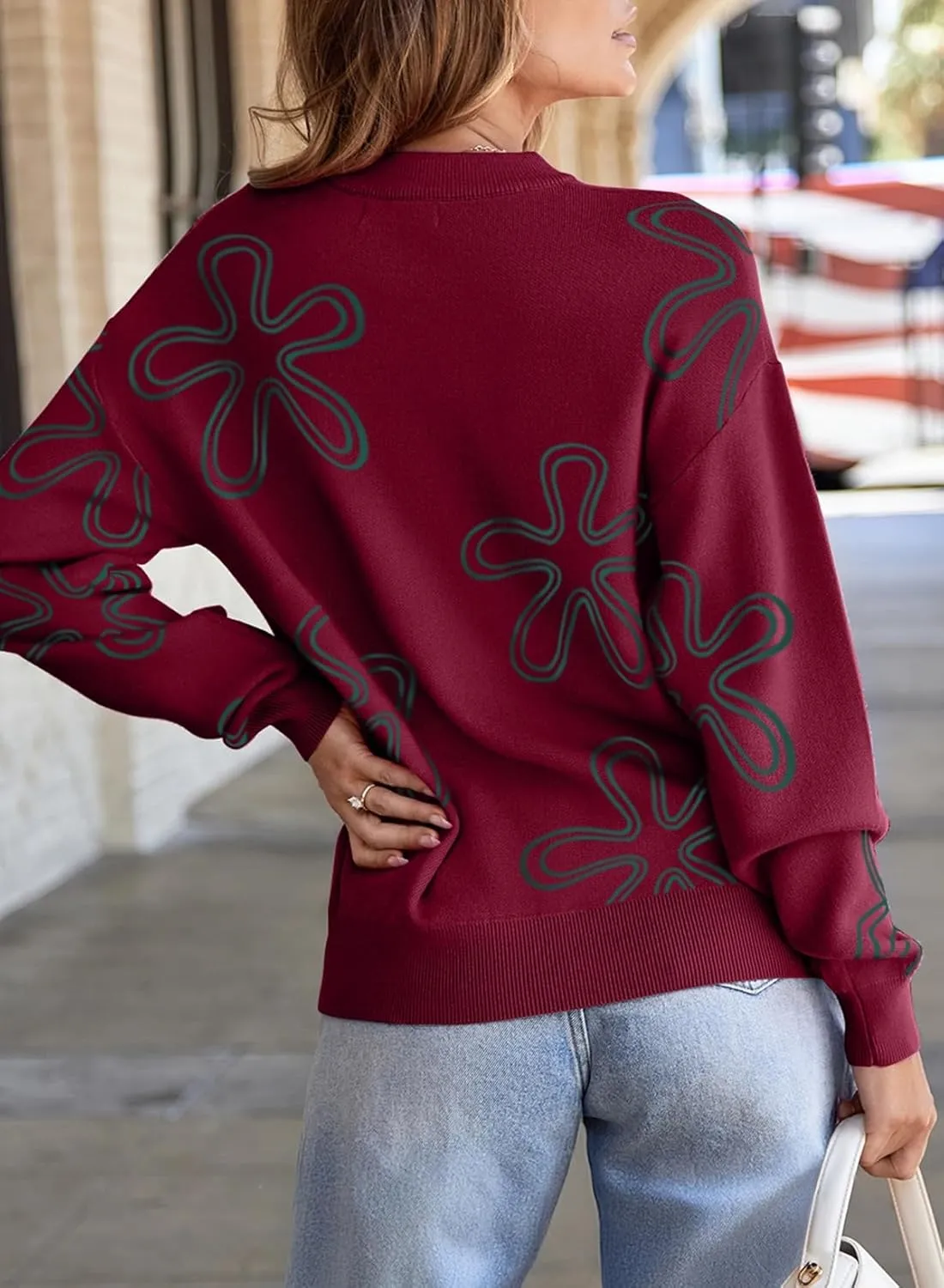 Dokotoo Sweaters for Women Casual Crewneck Long Sleeve Floral Print Cable Knit Pullover Sweater Tops