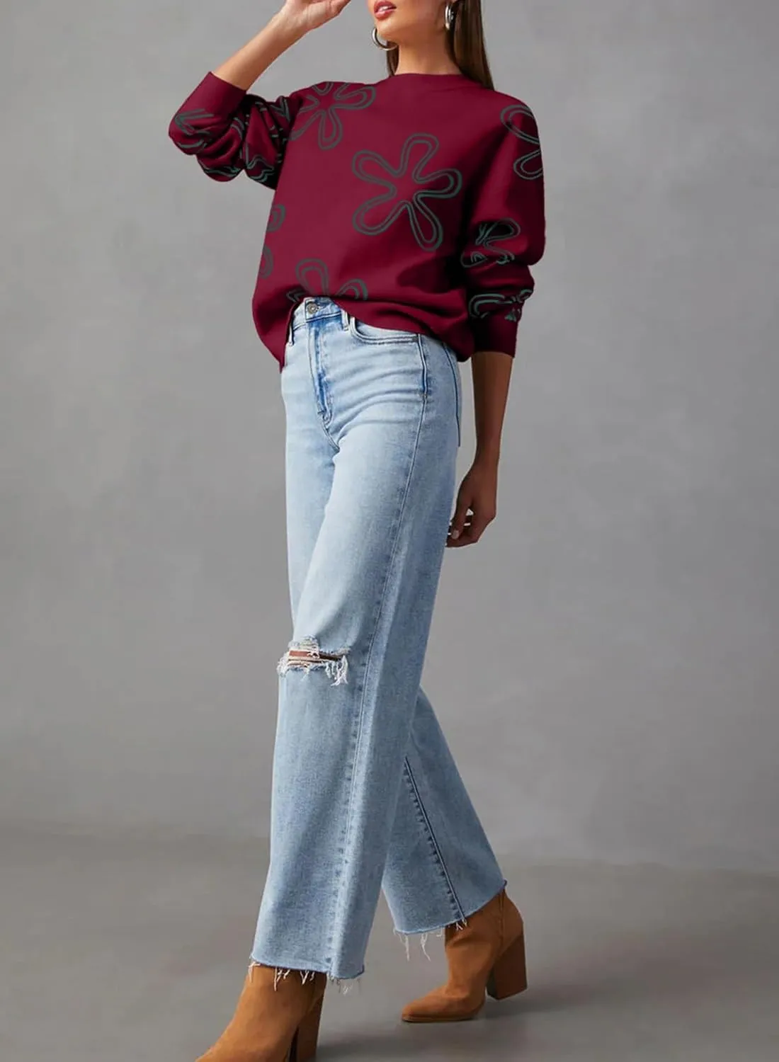 Dokotoo Sweaters for Women Casual Crewneck Long Sleeve Floral Print Cable Knit Pullover Sweater Tops