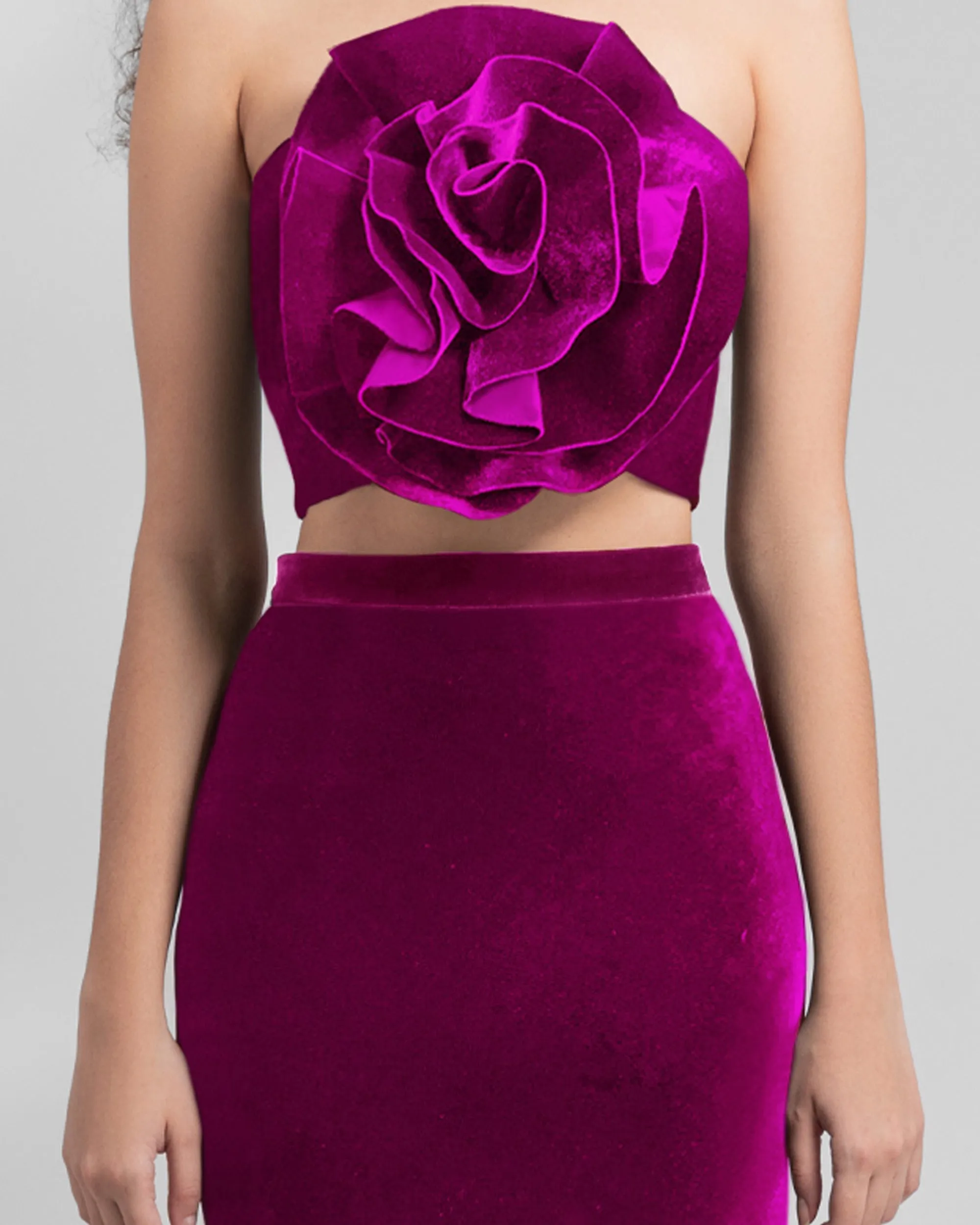 Fuchsia Velvet Flower Top and Skirt