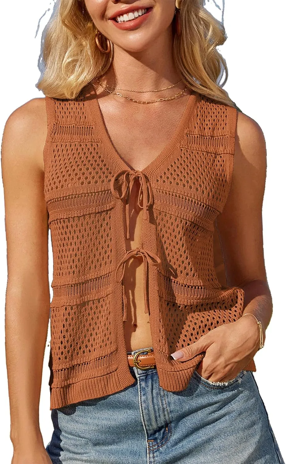 GRACE KARIN Womens Tie Front Sweater Vest Summer Sleeveless Crop Crochet Knit Tops Lightweight Cardigan Sweaters Tops