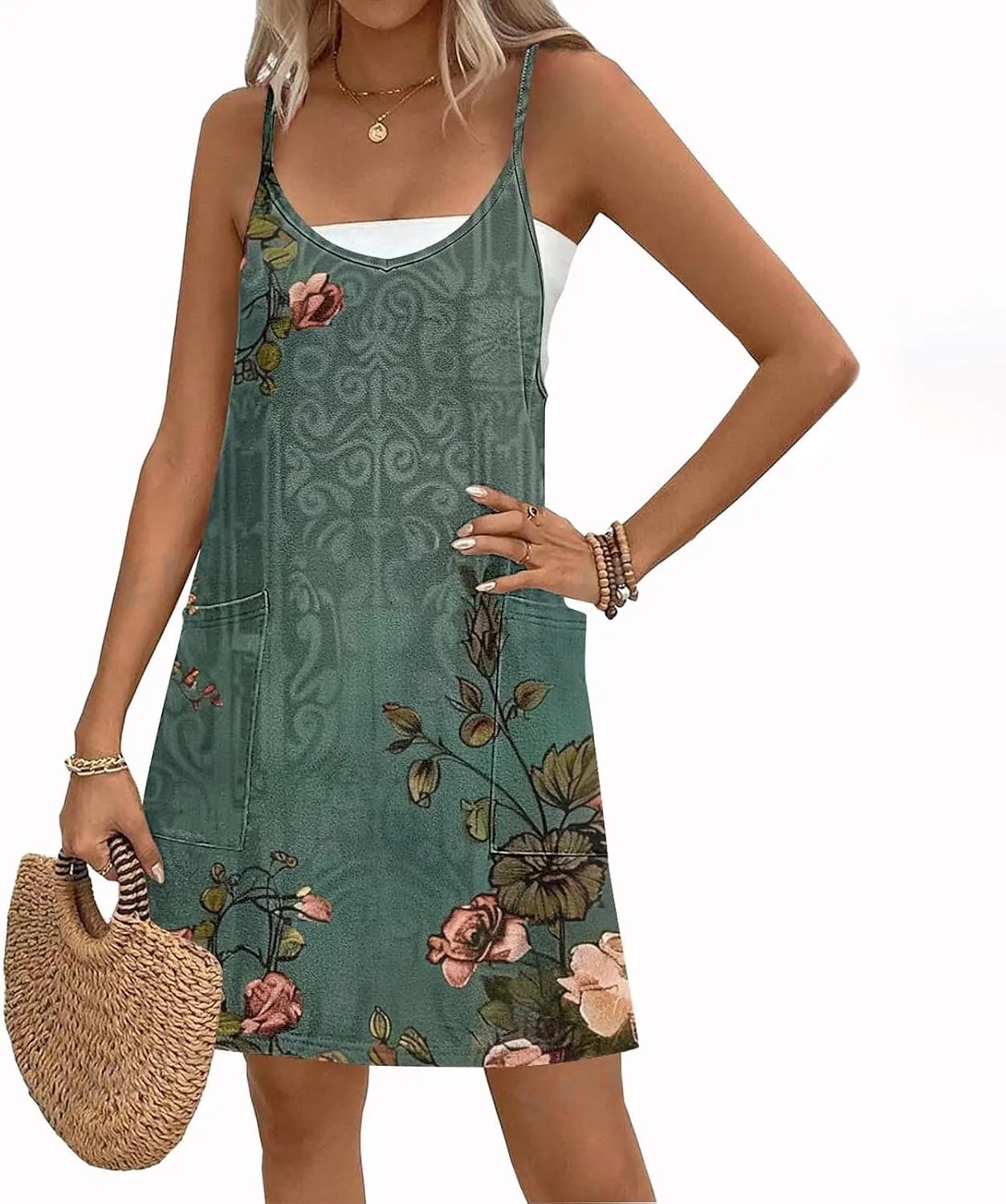 hlysgo Sundresses for Women 2025 Summer Sleeveless Spaghetti Straps Mini Dress Trendy Floral Print Casual Boho Beach Dresses