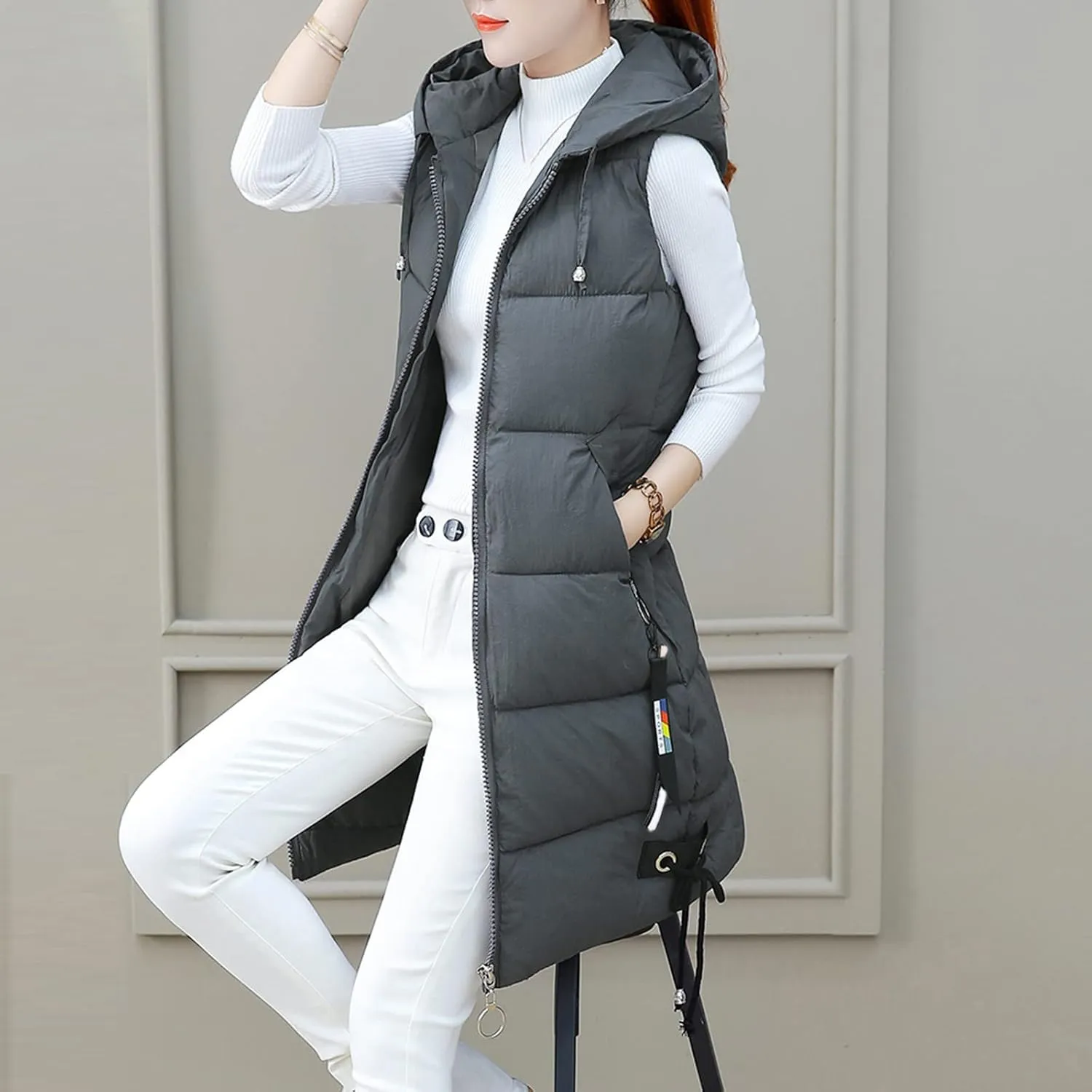 iLH Womens Sleeveless Long Coat Cotton Padded Full Zip Hooded Extra Long Vest with Pocket Windbreaker Jacket Coat for Women