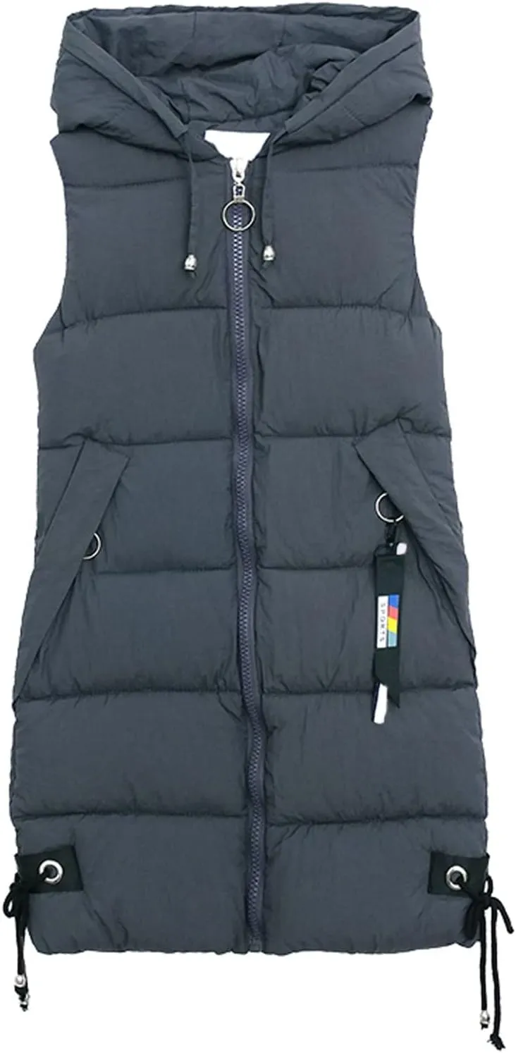 iLH Womens Sleeveless Long Coat Cotton Padded Full Zip Hooded Extra Long Vest with Pocket Windbreaker Jacket Coat for Women