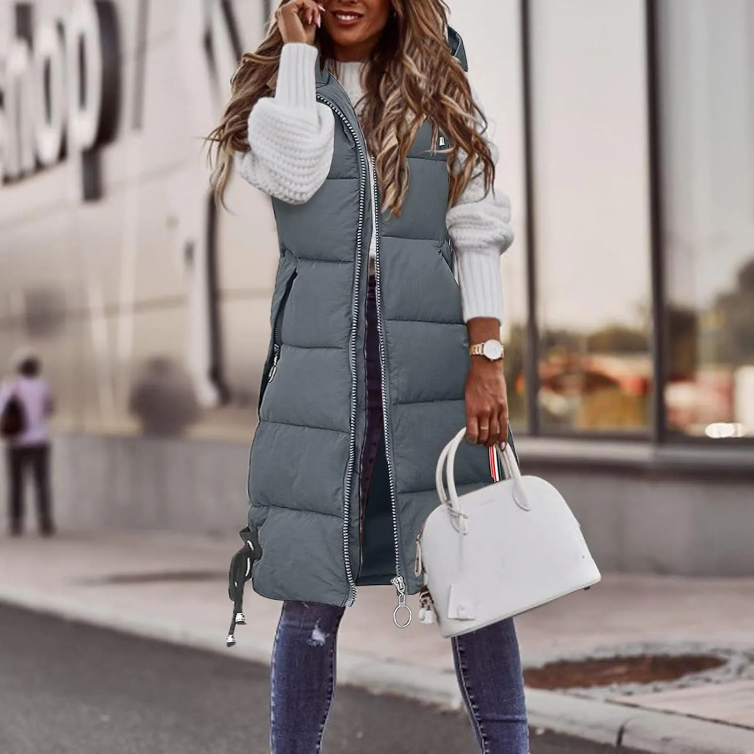 iLH Womens Sleeveless Long Coat Cotton Padded Full Zip Hooded Extra Long Vest with Pocket Windbreaker Jacket Coat for Women
