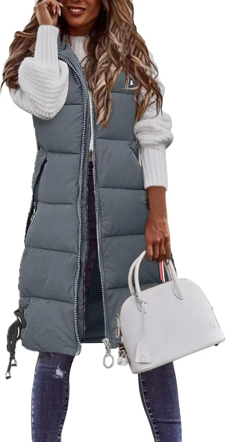 iLH Womens Sleeveless Long Coat Cotton Padded Full Zip Hooded Extra Long Vest with Pocket Windbreaker Jacket Coat for Women