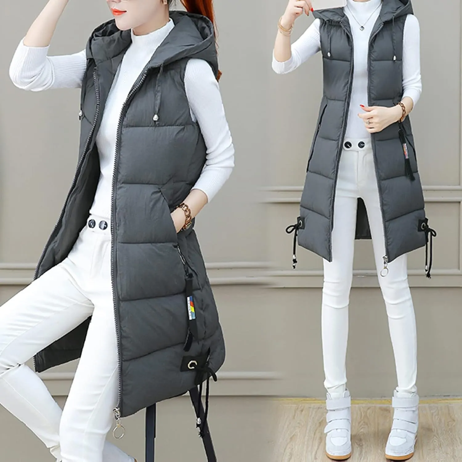 iLH Womens Sleeveless Long Coat Cotton Padded Full Zip Hooded Extra Long Vest with Pocket Windbreaker Jacket Coat for Women