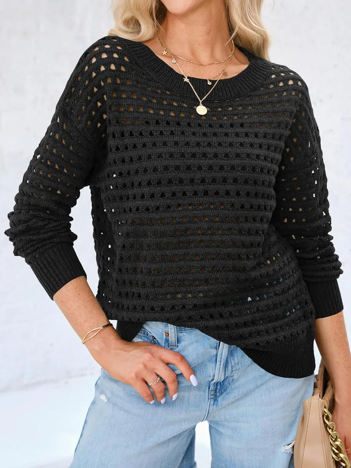 Langwyqu Womens Oversized Crochet Sweaters Trendy Sexy Knit Cotton Crew Neck Long Sleeve Hollow Out Pullover Cover Ups
