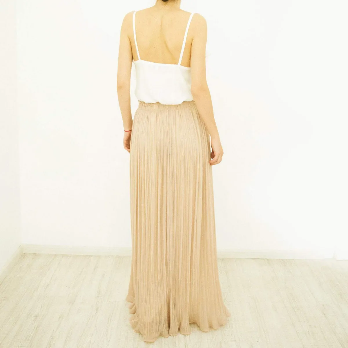 Long Maxi Skirt, Pleated Beige Chiffon Size L-XL
