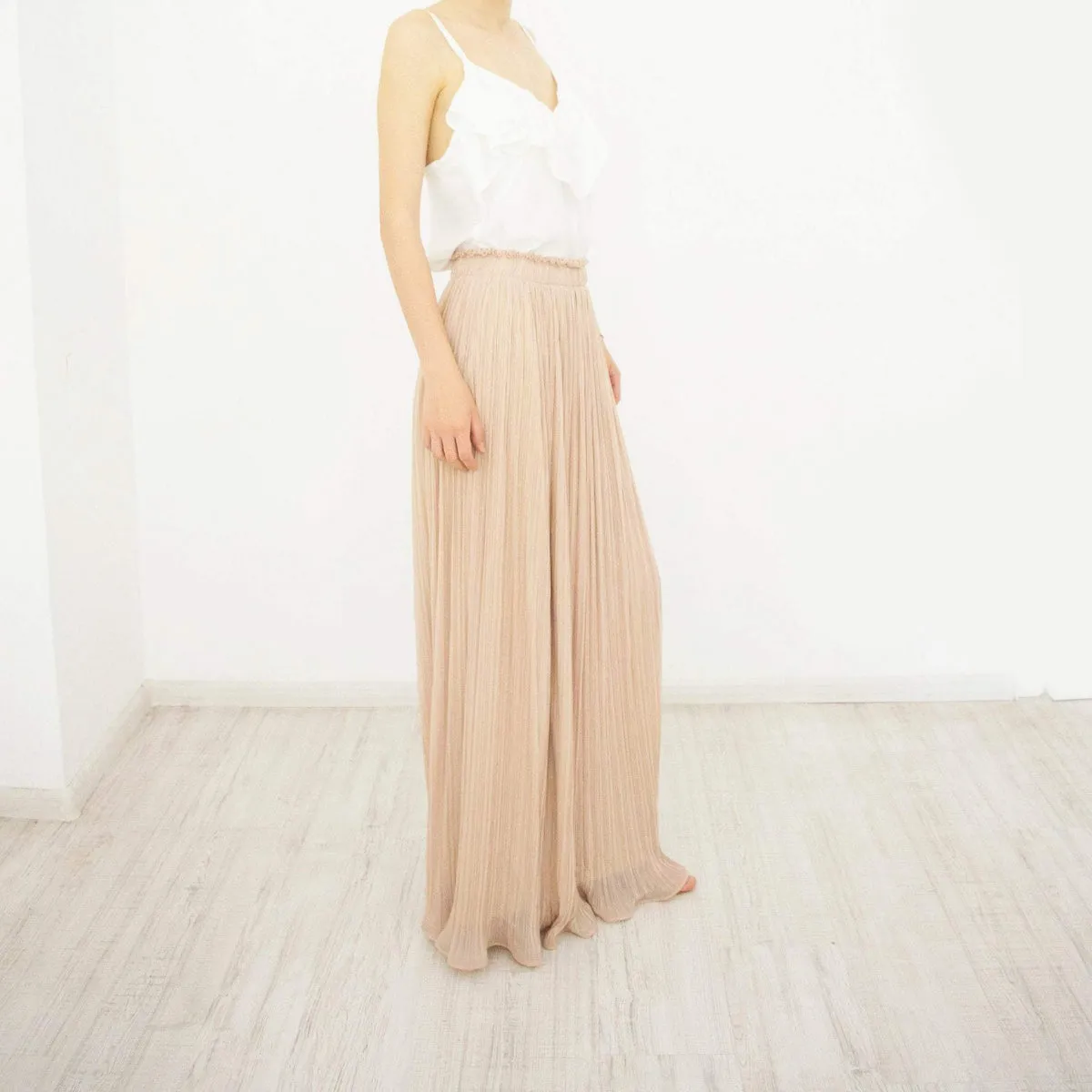Long Maxi Skirt, Pleated Beige Chiffon Size L-XL