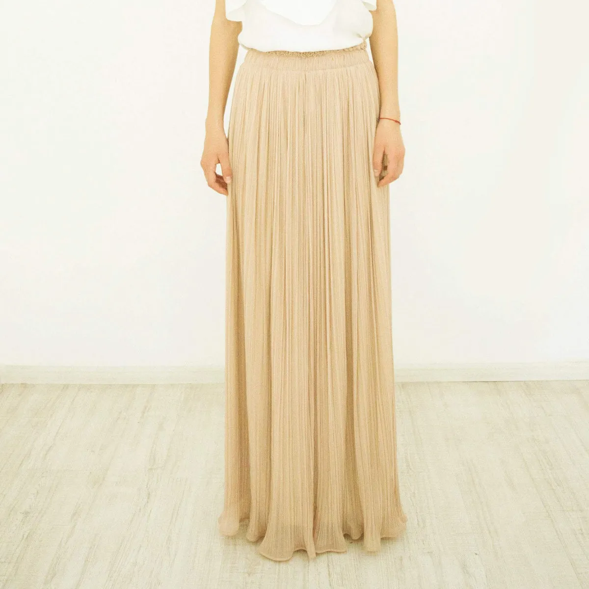 Long Maxi Skirt, Pleated Beige Chiffon Size L-XL