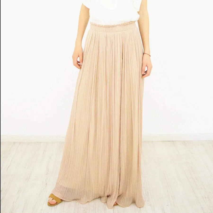 Long Maxi Skirt, Pleated Beige Chiffon Size L-XL
