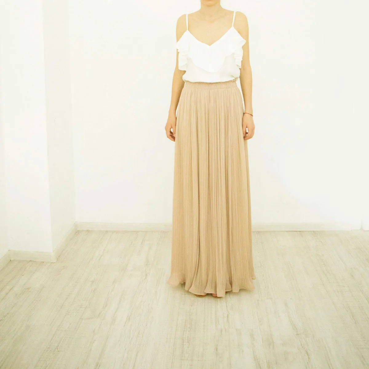 Long Maxi Skirt, Pleated Beige Chiffon Size L-XL