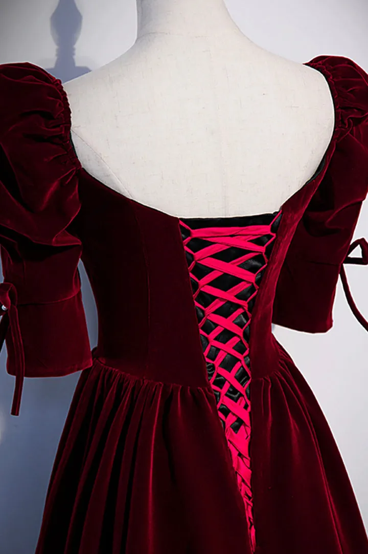 Luolandi Burgundy Velvet Long Prom Dresses A-Line Short Sleeve Evening Dresses Floor Length
